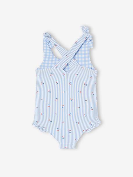 Maillot de bain 1 pièce bébé fille réversible vichy/rayures et fleurs bleu ciel 