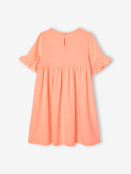 Robe manches courtes en broderie anglaise fille bleu grisé+pêche 