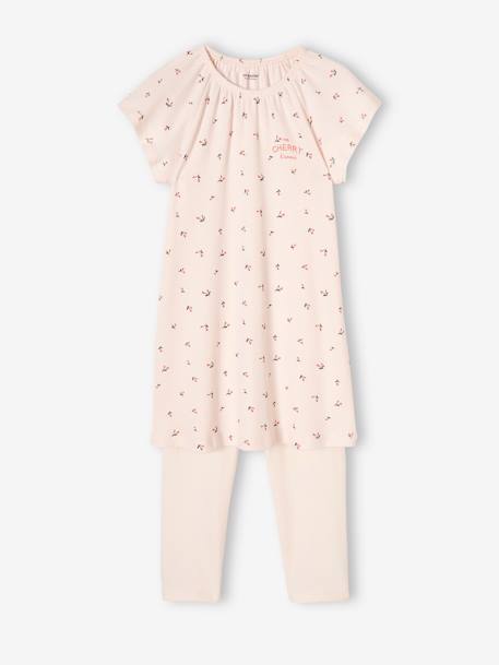 Chemise de nuit en maille côtelée 'cerises' + legging uni fille rose nude 