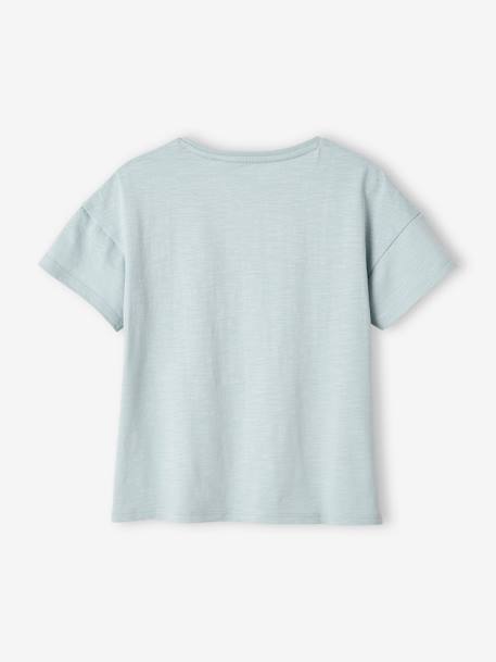 T-shirt fille animation relief et détails irisés fille abricot+bleu ciel+encre+rayé marine+vert amande 