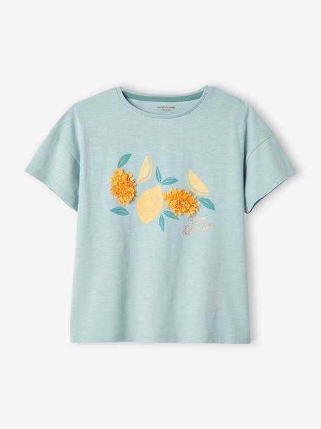 T-shirt fille animation relief et détails irisés fille abricot+bleu ciel+encre+rayé marine+vert amande 