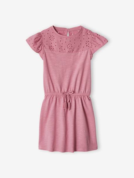 Robe fille détails en broderie anglaise blush foncé+mauve+rose pâle+vert d'eau 