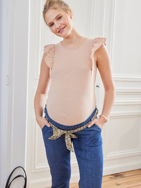 T-shirt bi-matière de grossesse beige poudré 