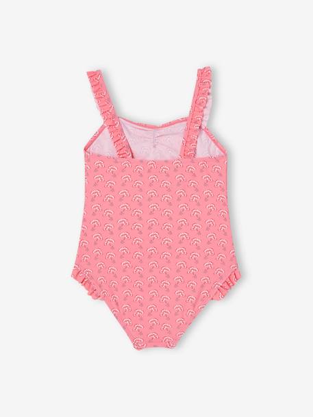 Maillot de bain 1 pièce imprimé et volanté fille rose bonbon 