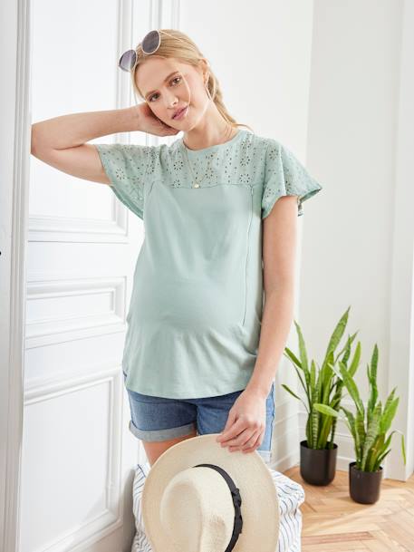 T-Shirt mit Lochstickerei, Schwangerschaft & Stillzeit mintgrün+perlgrau 