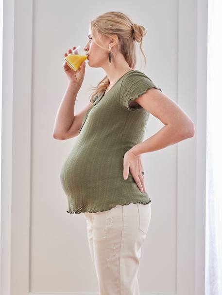 T-Shirt mit Lochmuster, Schwangerschaft & Stillzeit olive 