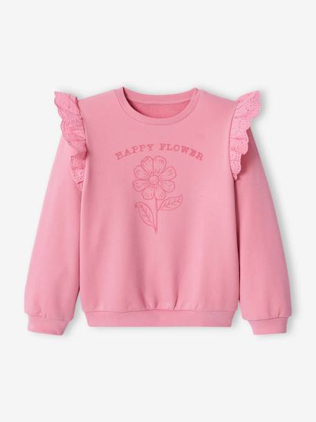 Sweat motif fleur flocké fille volants en broderie anglaise rose bonbon 