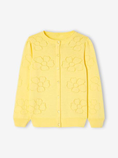 Gilet maille ajourée motifs fleurs fille jaune 