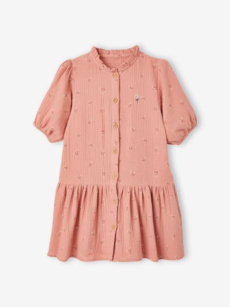 Robe boutonnée en gaze de coton fille manches 3/4 blush+moutarde 