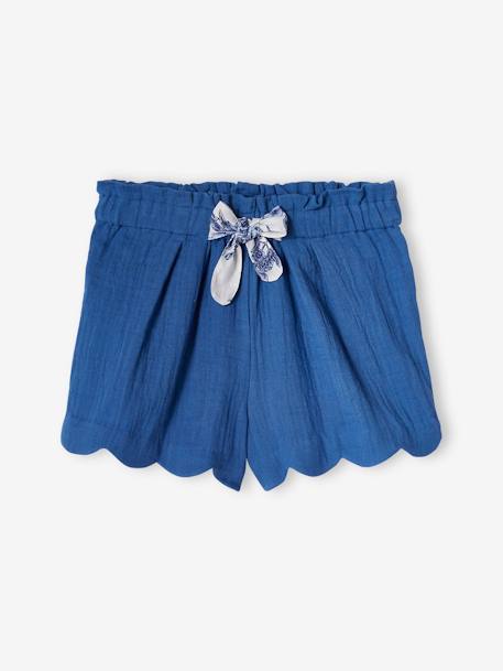 Mädchen Shorts mit Bogenkante, Musselin blau+blau bedruckt+koralle+rosa nude 