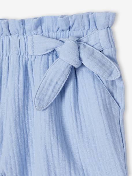 Short en gaze de coton style 'paperbag' fille bleu pâle+corail+rose blush+vanille+vert amande 