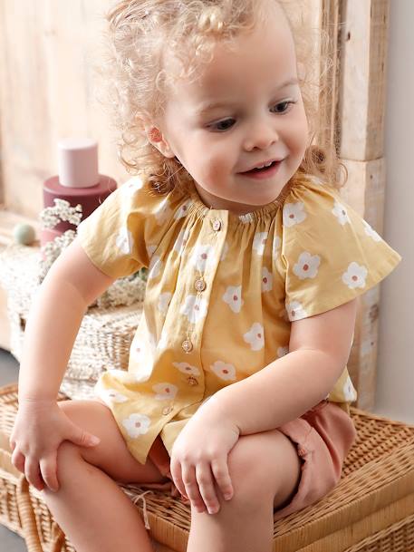 Blouse bébé manches papillon bleu pâle+jaune pâle 