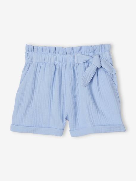 Mädchen Paperbag-Shorts, Musselin hellblau+koralle+mandelgrün+vanille 