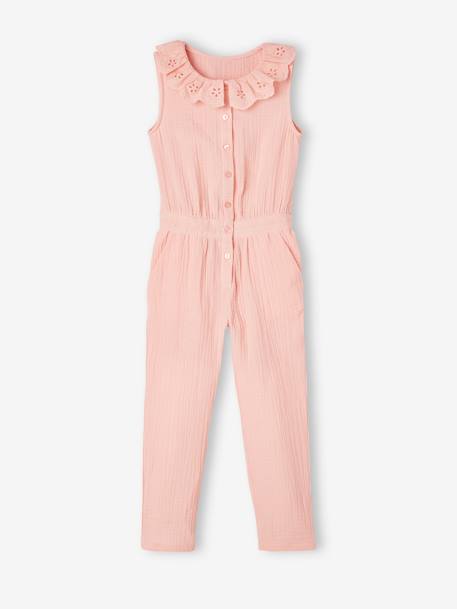 Mädchen Jumpsuit aus Musselin, bestickter Kragen salbeigrün+zartrosa 