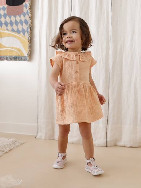 Robe à collerette bébé en gaze de coton orange+vert 