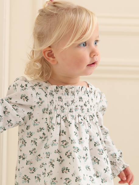 Robe à smocks bébé fleuri blanc 