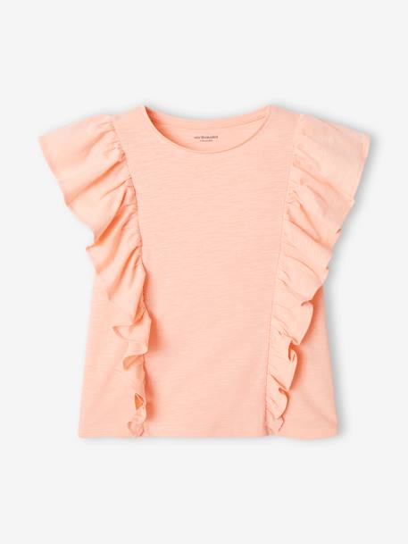 Mädchen T-Shirt mit Volants koralle+pfirsich+salbeigrün 