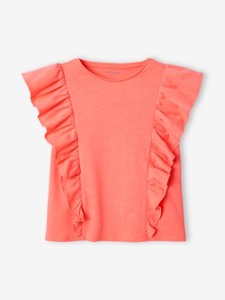 T-shirt à volants fille corail+pêche+vert sauge 