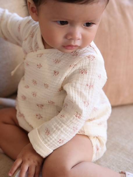 Body fleuri en gaze de coton bébé naissance manches longues écru 