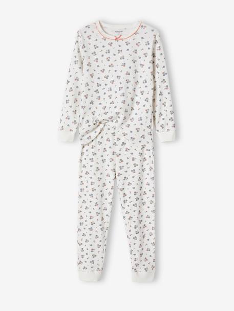 Pyjama fille personnalisable en maille côtelée avec imprimé fleuri écru 