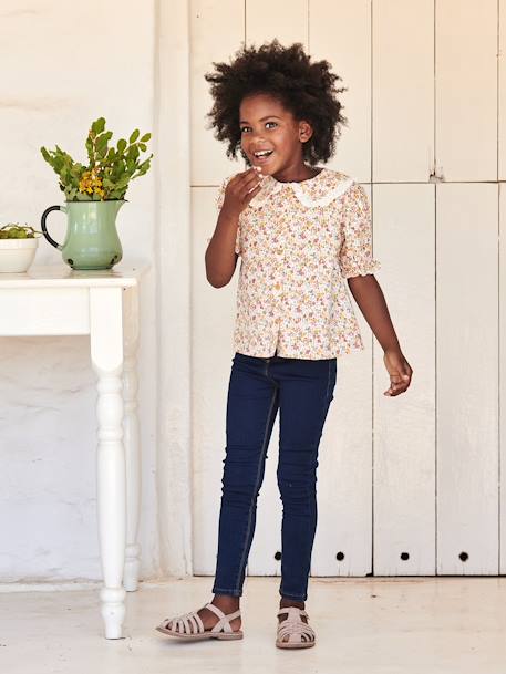 Chemise à fleurs col claudine fille manches courtes écru 