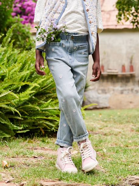 Jean paperbag brodé fleurs fille bleu jean+double stone 