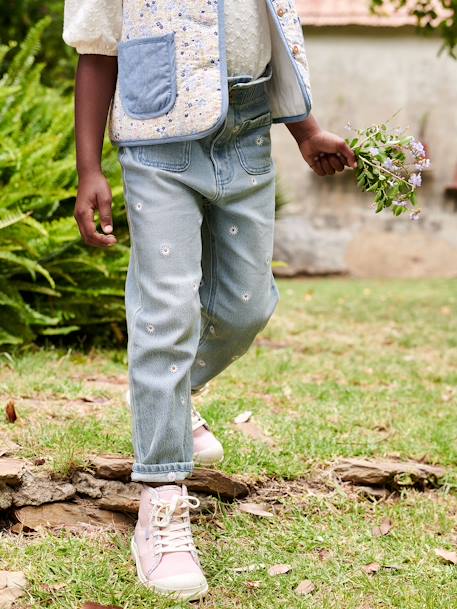 Jean paperbag brodé fleurs fille bleu jean+double stone 