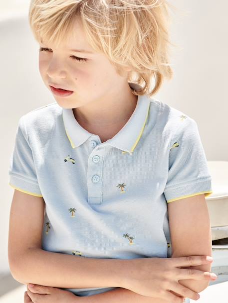 Jungen Poloshirt, Pikee blau bedruckt+wollweiß 