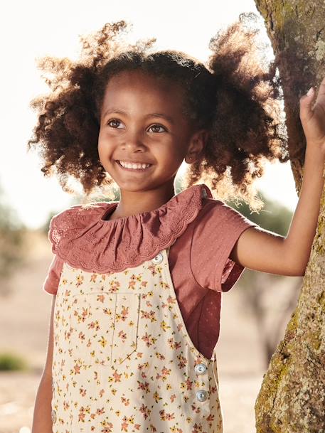 T-shirt à collerette en broderie anglaise fille écru+vert sauge+vieux rose 