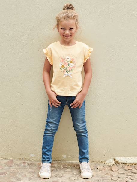 T-shirt à motif irisé fille manches courtes volantées écru+jaune pâle+marine+mauve+pêche 