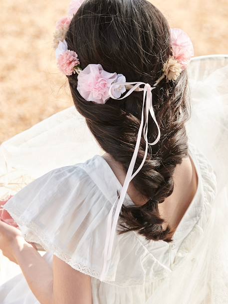 Headband tressé avec fleurs en tulle blanc - Vertbaudet