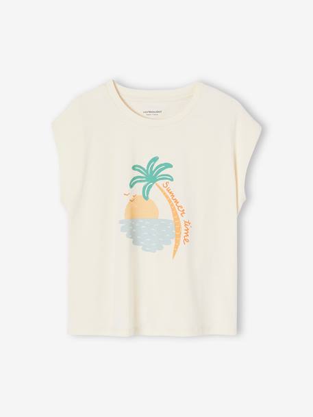 T-shirt motif été fille manches épaules écru 