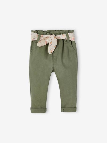 Pantalon paperbag bébé avec ceinture écru+lichen+rose pâle 