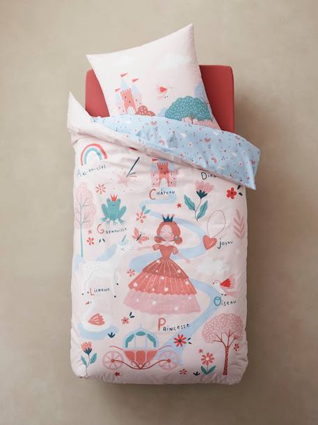 Kinderbettwäsche-Set: Bettdeckenbezug + Kopfkissenbezug ABC Prinzess rosa/blau 
