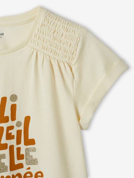 Tee-shirt à message irisé fille épaules smockées écru 