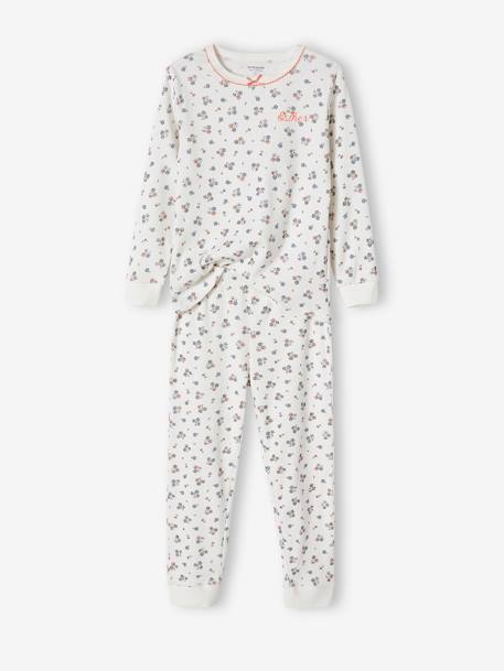 Pyjama fille personnalisable en maille côtelée avec imprimé fleuri écru 