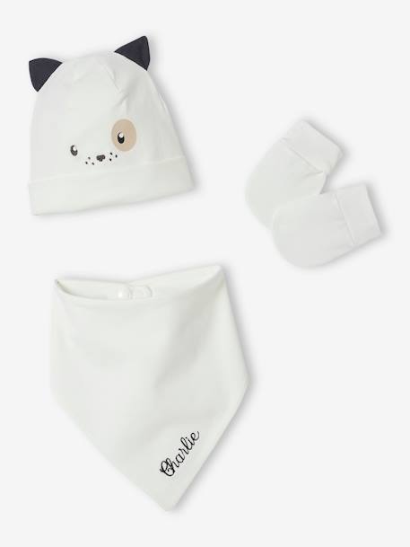 Ensemble chien bonnet + moufles + foulard bébé imprimé personnalisable blanc 