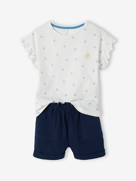 Ensemble t-shirt et short en gaze de coton fille marine+pêche 