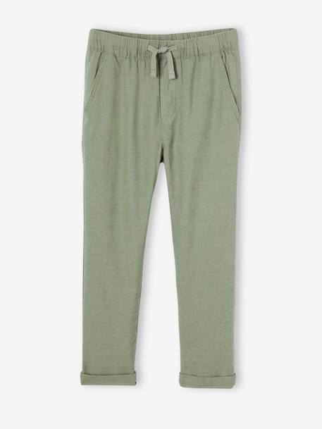 Pantalon léger garçon en coton/lin noisette+vert sauge 