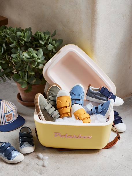 Baskets scratchées en toile enfant bleu+bleu ciel+moutarde 