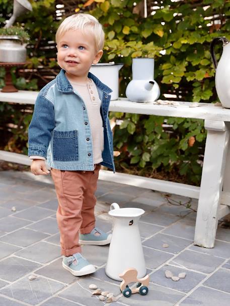 Pantalon bébé garçon en toile à taille élastiquée bleu ciel+noix de pécan 