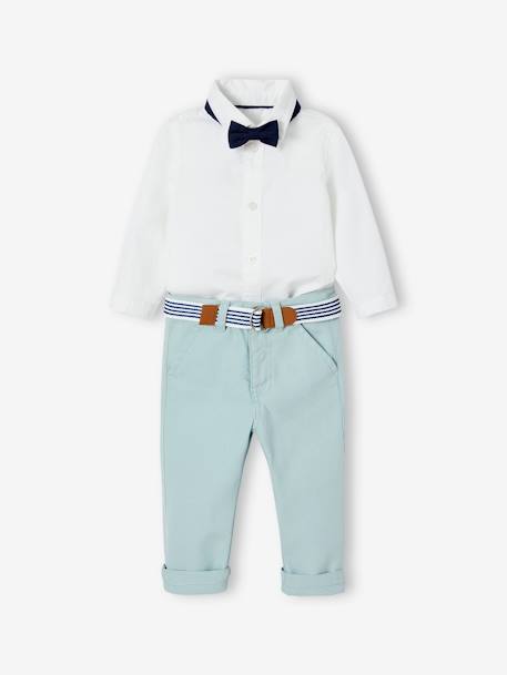 Ensemble de cérémonie bébé pantalon avec ceinture, chemise et noeud papillon blanc 