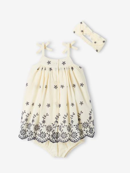 Ensemble bébé robe brodée, bloomer et bandeau assorti écru 