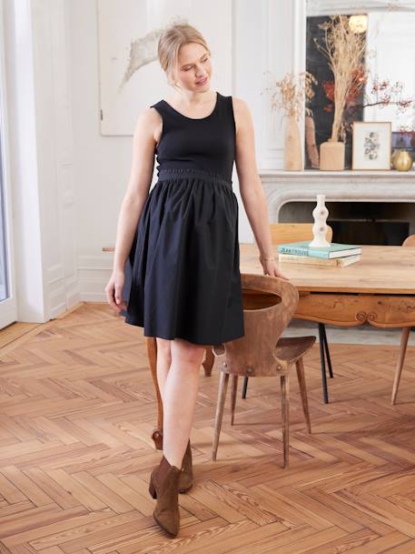 Robe courte sans manches bi-matière de grossesse noir 