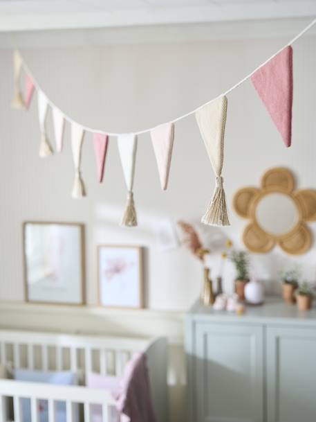 Kinderzimmer Wimpelkette, gestrickt beige/mehrfarbig+pudrig rosa 