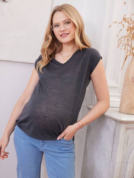 T-Shirt mit V-Ausschnitt für Schwangerschaft & Stillzeit anthrazit+safrangelb 