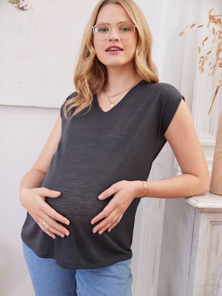 T-Shirt mit V-Ausschnitt für Schwangerschaft & Stillzeit anthrazit+safrangelb 