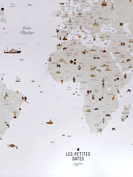Affiche Carte du Monde LES PETITES DATES marron imprimé 