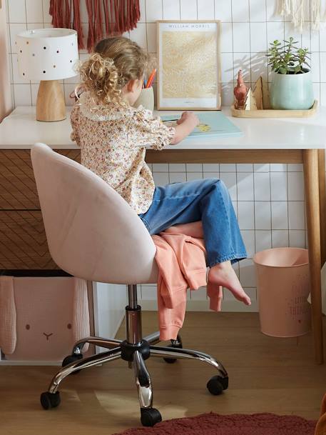 Chaise de bureau à roulettes enfant en velours rose poudré+vert d'eau 