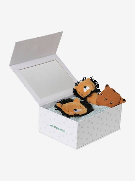 Baby Geschenk-Set: Schmusetuch, Rassel & Stoffbuch mit Geschenkverpackung gelb+TANZANIE+Zauberwald 